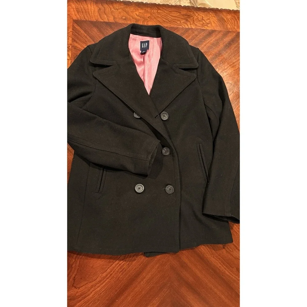 GAP‎ Y2K Black Wool Peacoat Jacket Womens Small Pink Lined Double Breasted